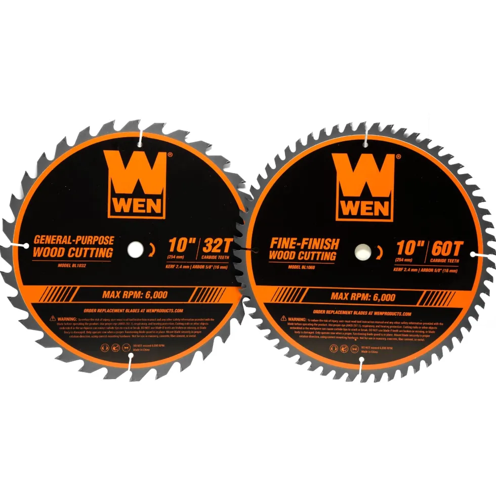 WEN BL1032-2 10-Inch 32-Tooth and 60-Tooth Carbide-Tipped Professional Woodworking Saw Blade Set, Two Pack