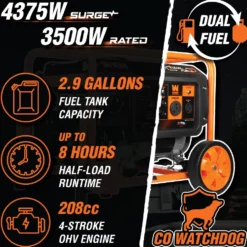WEN DF430X 4375-Watt Dual Fuel Portable Generator with Wheel Kit and CO Shutdown Sensor