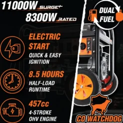 WEN DF1100X 11,000-Watt 120V/240V Dual Fuel Portable Generator with Wheel Kit, Electric Start, and CO Watchdog