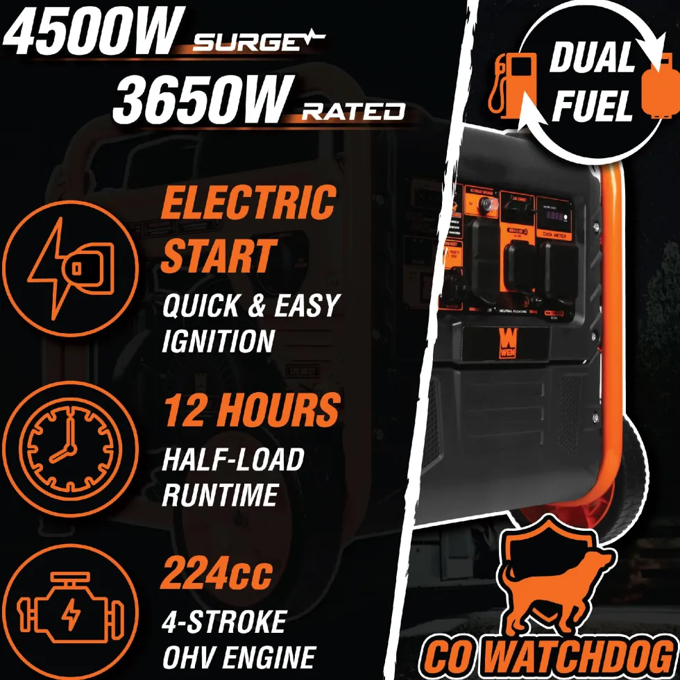 WEN DG4500iX 4500-Watt RV and Transfer-Switch-Ready Dual Fuel Open Frame Inverter Generator with Electric Start and CO Watchdog
