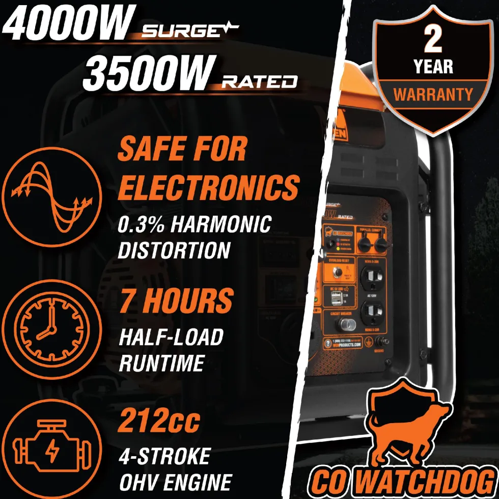 WEN GN400iX RV-Ready 4000-Watt Open Frame Inverter Generator with CO Shutdown Sensor