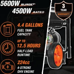 WEN GN5600 5,600-Watt Portable Generator with Wheel Kit, 224cc, Transfer-Switch, and RV-Ready