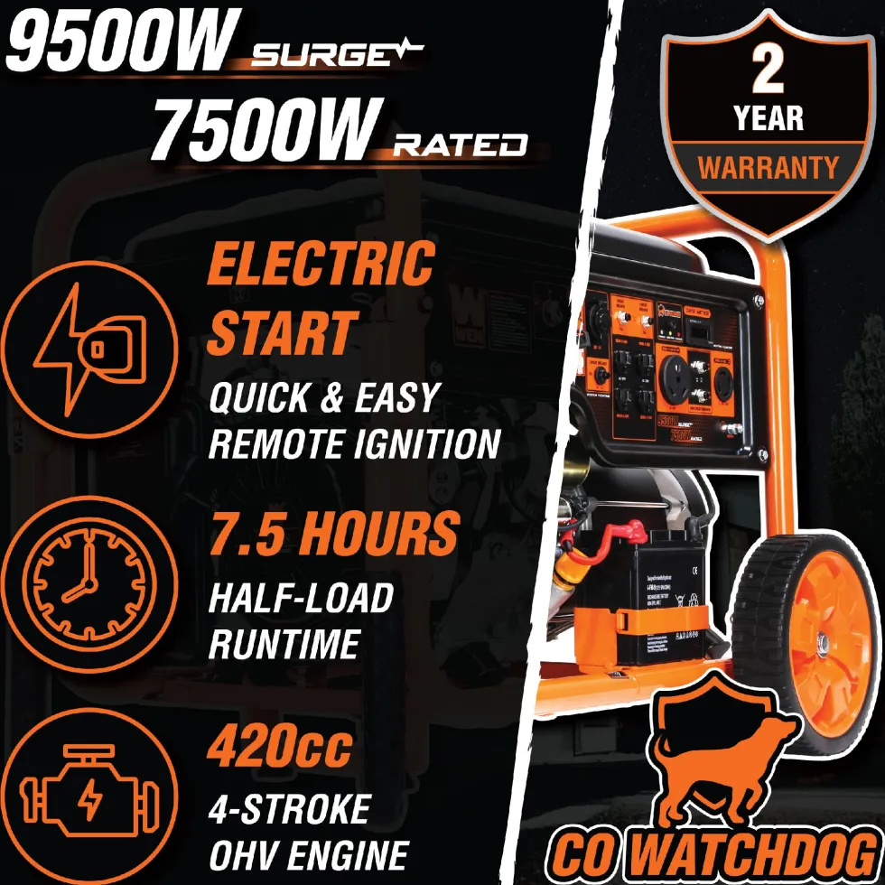 WEN GN9500X 9500-Watt 420cc Transfer-Switch and RV-Ready 120V/240V Portable Generator with Remote Electric Start and CO Shutdown Sensor