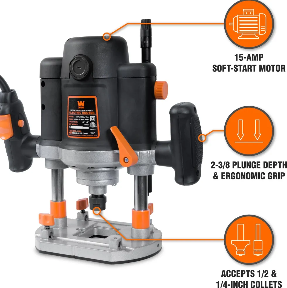 WEN RT6033 15-Amp Variable Speed Plunge Woodworking Router Kit with Carrying Case and Edge Guide