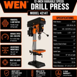 WEN 4214T 5-Amp 12-Inch Variable Speed Cast Iron Benchtop Drill Press with Laser and Work Light