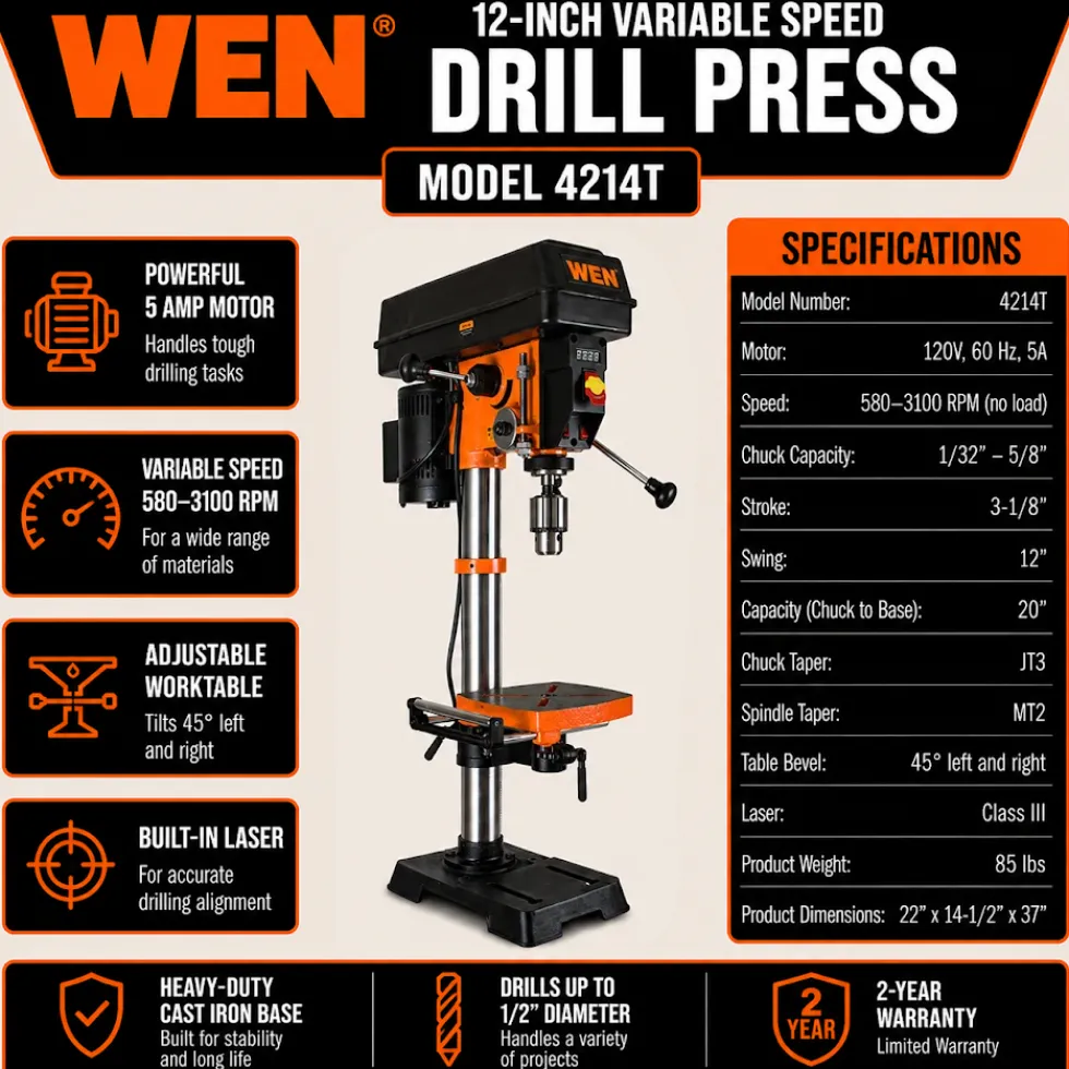 WEN 4214T 5-Amp 12-Inch Variable Speed Cast Iron Benchtop Drill Press with Laser and Work Light