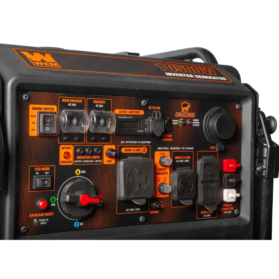 WEN TF1050iX 10,500-Watt 120V/240V Tri-Fuel Inverter Generator with Quiet 457cc Engine, Electric Start, Wheel Kit, and CO Watchdog, Gas, Propane, and Natural Gas Powered