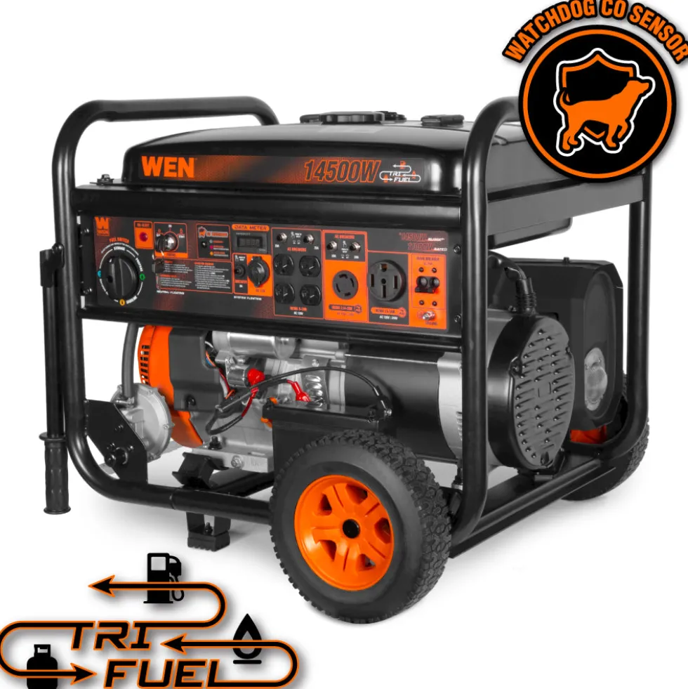WEN TF-1450X 14,500-Watt 120V/240V Tri-Fuel Generator for Gas, Propane, and Natural Gas, Transfer-Switch Ready with Electric Start, Wheel Kit, and CO Watchdog