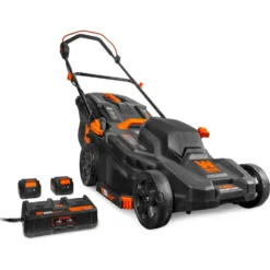 WEN 20VK3TBM 20V Max Cordless 19-Inch Lawn Mower, String Trimmer, and Leaf Blower Combo Kit with Two 5Ah Batteries and Dual Port Charger