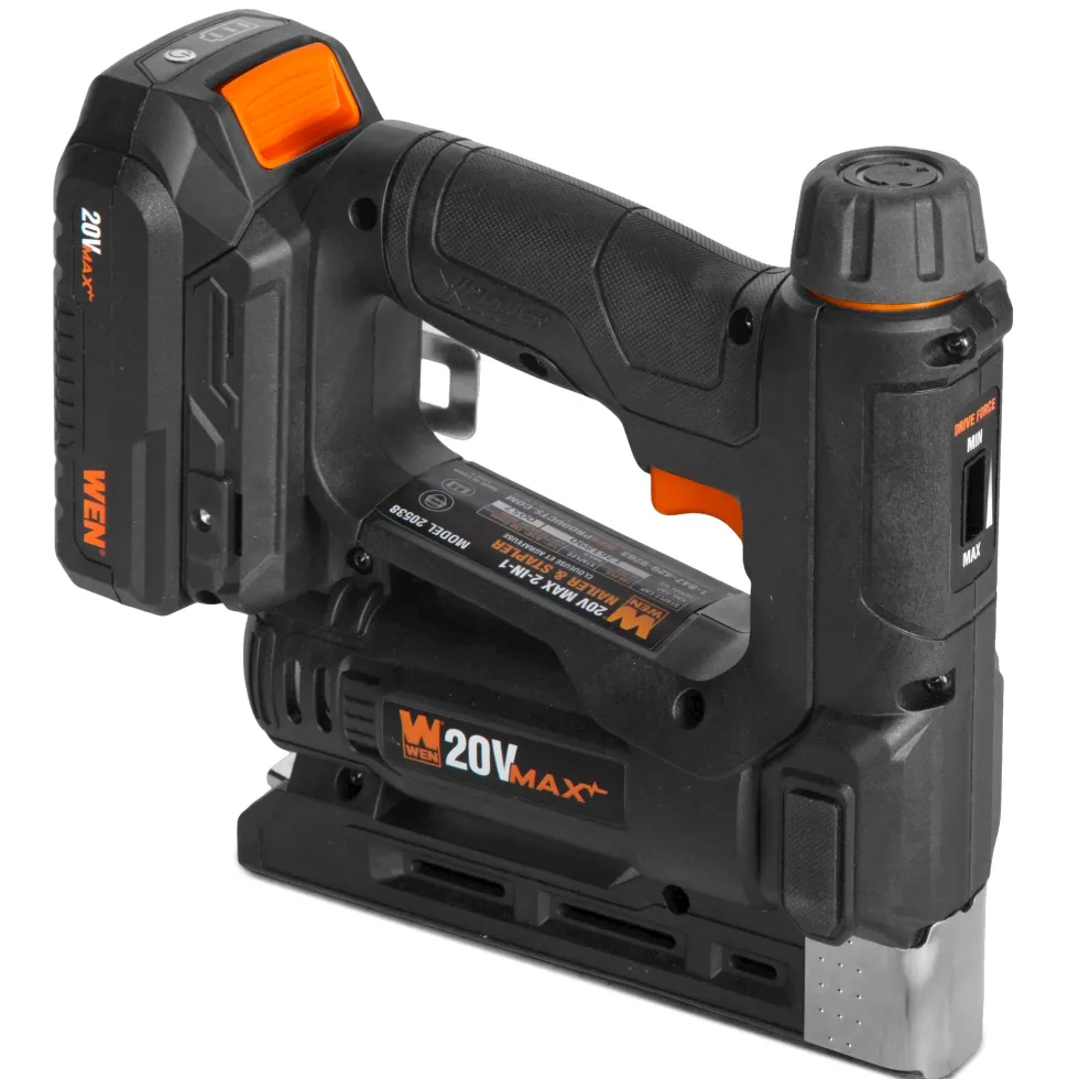 WEN 20538 20V Max Cordless 2-in-1 18-Gauge Brad Nailer and T50 Crown Stapler with 2.0Ah Battery and Charger