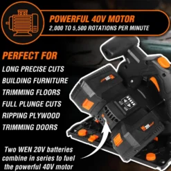 WEN 20691 20V Max 6.5-Inch Cordless Brushless Plunge Cut Variable Speed Track Saw with Two 4.0 Ah Batteries and Charger