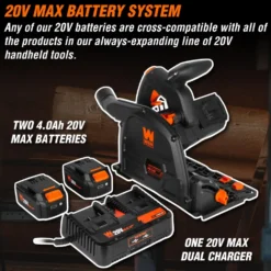WEN 20691 20V Max 6.5-Inch Cordless Brushless Plunge Cut Variable Speed Track Saw with Two 4.0 Ah Batteries and Charger