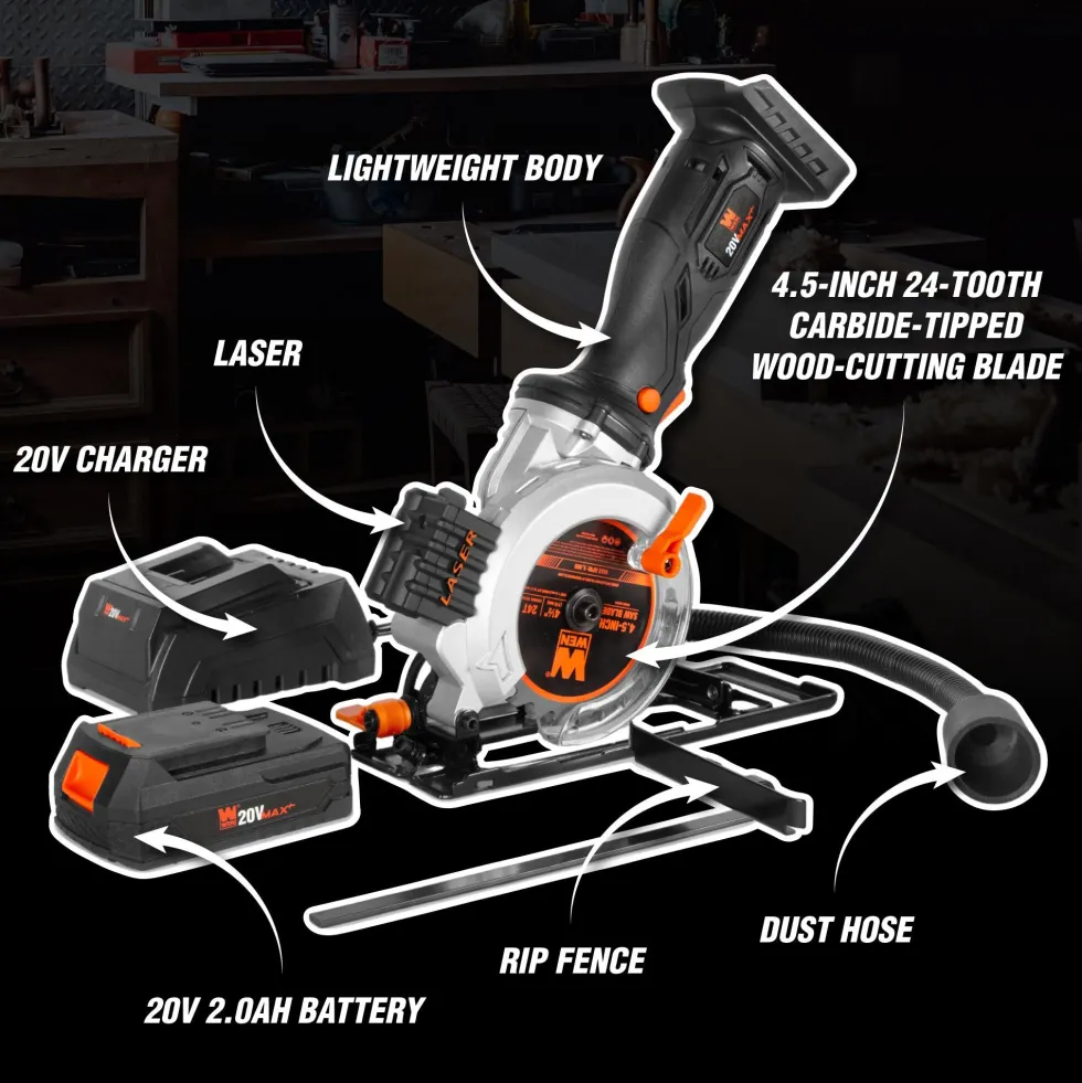 WEN 20604 20V Max 4-1/2-Inch Cordless Mini Circular Saw with 2.0Ah Battery and Charger