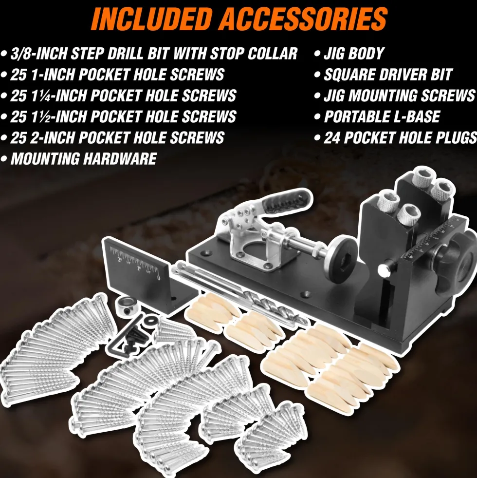 WEN WA1527 Metal Pocket Hole Jig Kit with L-Base, Step Drill Bit, and Self-Tapping Screws