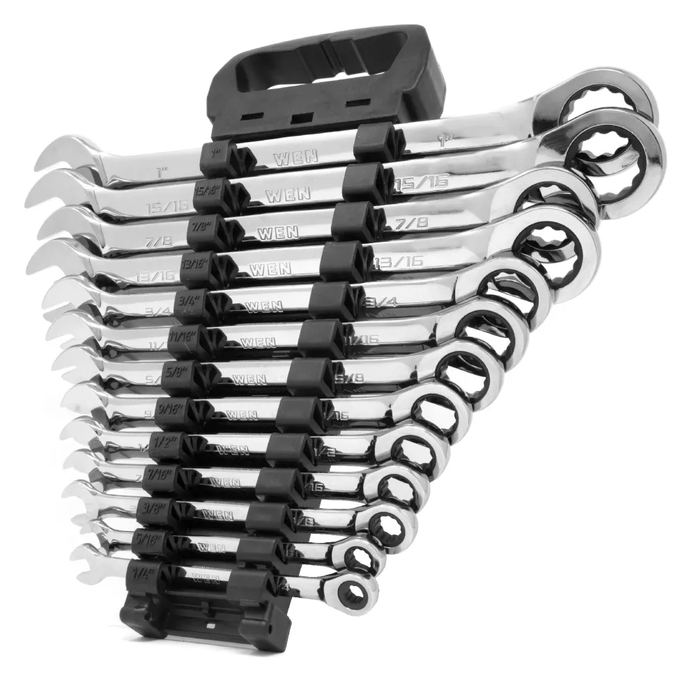WEN WR131A 13-Piece Professional-Grade Ratcheting SAE Combination Wrench Set with Storage Rack